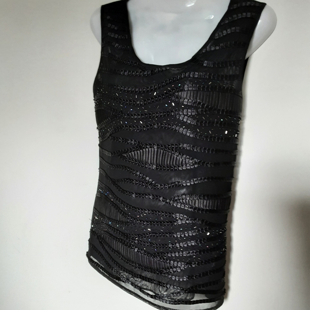 Melanie Lyne Fancy  Black Textured Camisole with Beaded Accents